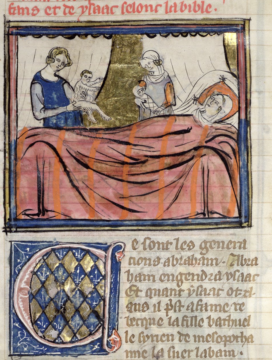Ms 22 fol.30 Tvillingarnas födelse Jakob och Esau, miniatyr från Bibeln Historiale av Guiart des Moulins av French School
