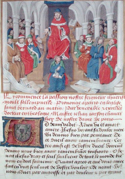 Ms 230 fol.1 Jean de Gerson (1363-1429) predikar passionen på morgonen i St. Bernard-kyrkan i Paris, från Sermons sur la Passion et Traites Divers, ca 1480 av French School