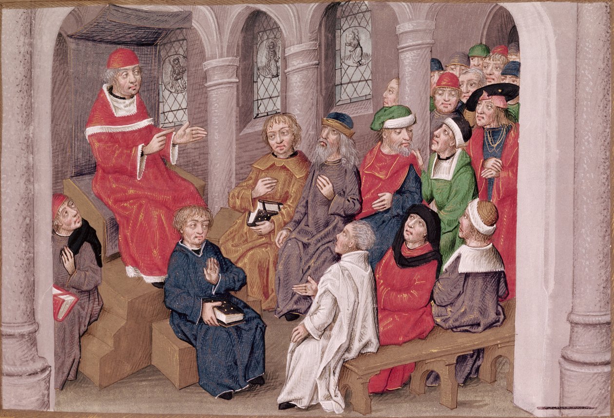 Ms 230 fol.25 Jean de Gerson (1363-1429) predikar passionen efter middagen i Church of St. Bernard, Paris, från Sermons sur la Passion et Traites Divers, ca 1480 av French School
