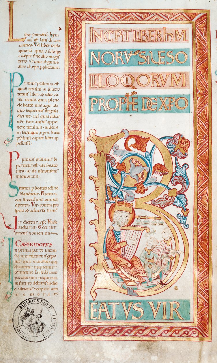 Ms 232 f.3v Historikerad initial B som föreställer kung David, från en psalmbok av French School
