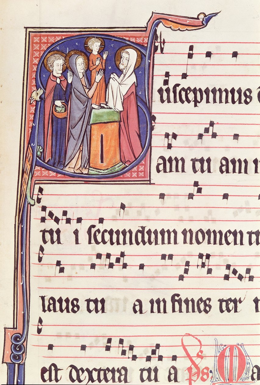 Ms 241 f.144 Historikert initial S som visar presentationen av Jesus vid templet, från Antifonalen för invigningen av Abbey Church of Vauclair, 1257 av French School