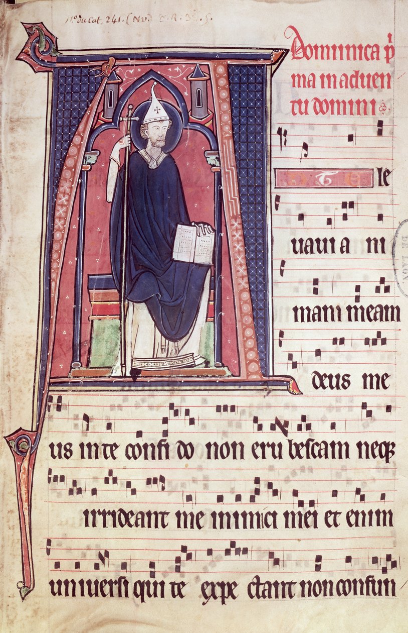 Ms 241 f.1 Historikerad initial A föreställande St. Gregory, från Antiphonal för invigningen av Abbey Church of Vauclair, 1257 av French School