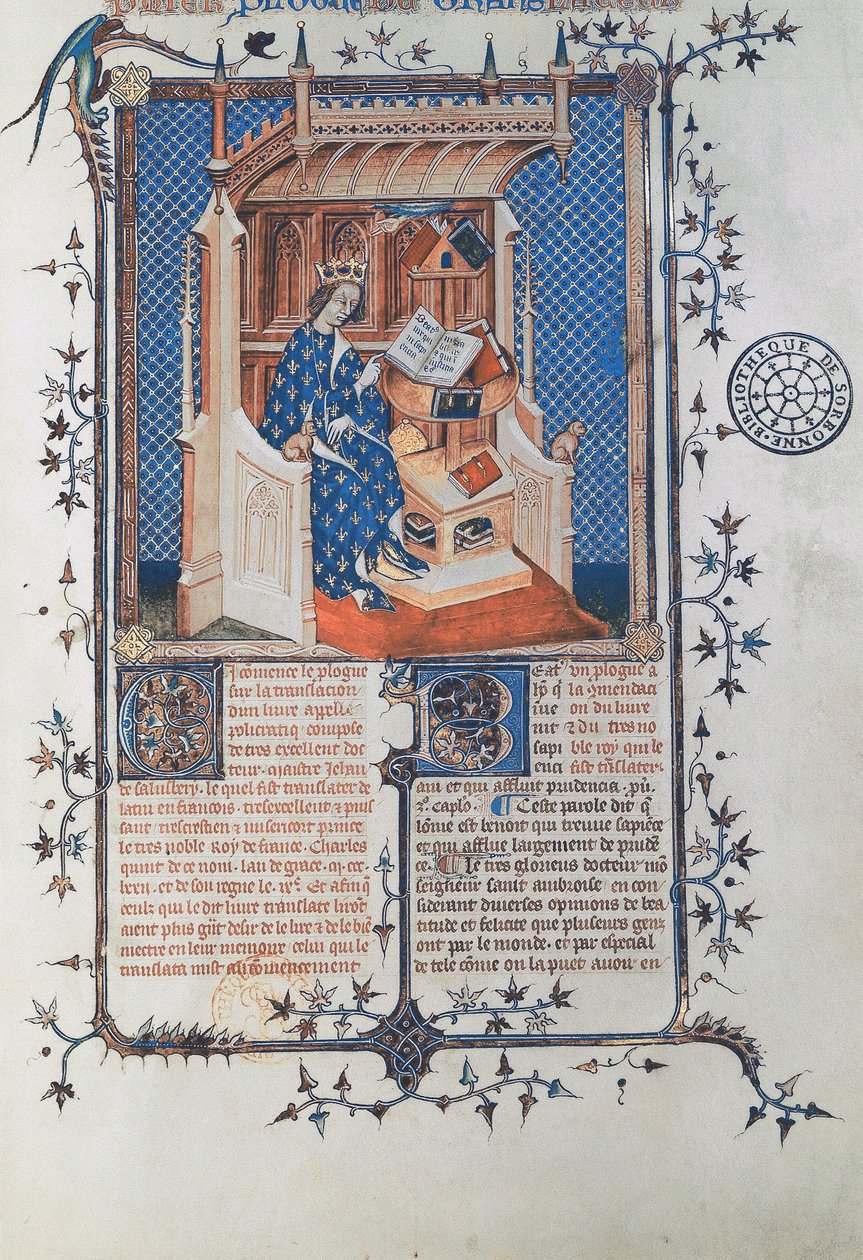 Ms 24287 fol. 2r Charles V, the Wise, King of France, from John of Salisbury, Polycraticus, översatt av Denis Foulechatis, c.1372 (vellum) av French School
