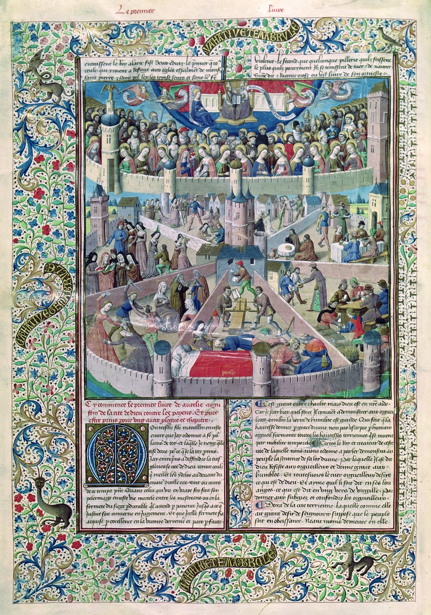Ms 246 fol.3v Vices and Virtues on Earth, från De Civitate Dei av St. Augustine of Hippo (354-430) av French School