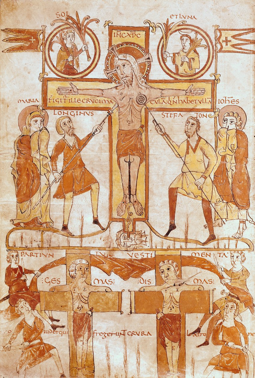 Ms 24 fol.7v Korsfästelsen och uppdelningen av Frälsarens kläder, från ett evangelium av French School