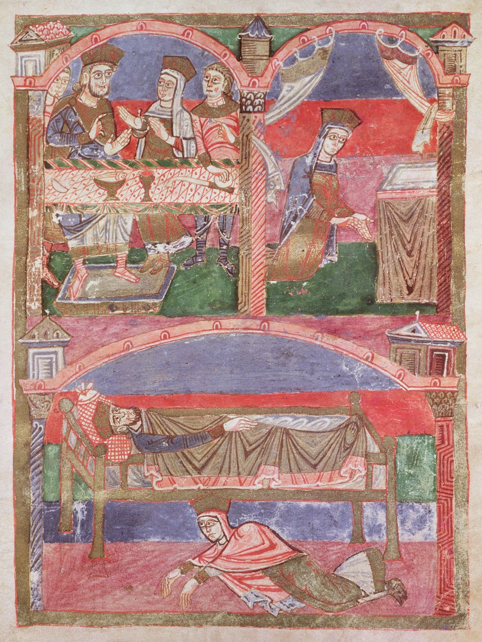 Ms 250 f.24r St. Radegund (518-87) vid Clothar I:s bord (497-561), i hennes oratorium och vid foten av den kungliga sängen, från St. Radegunds liv av French School