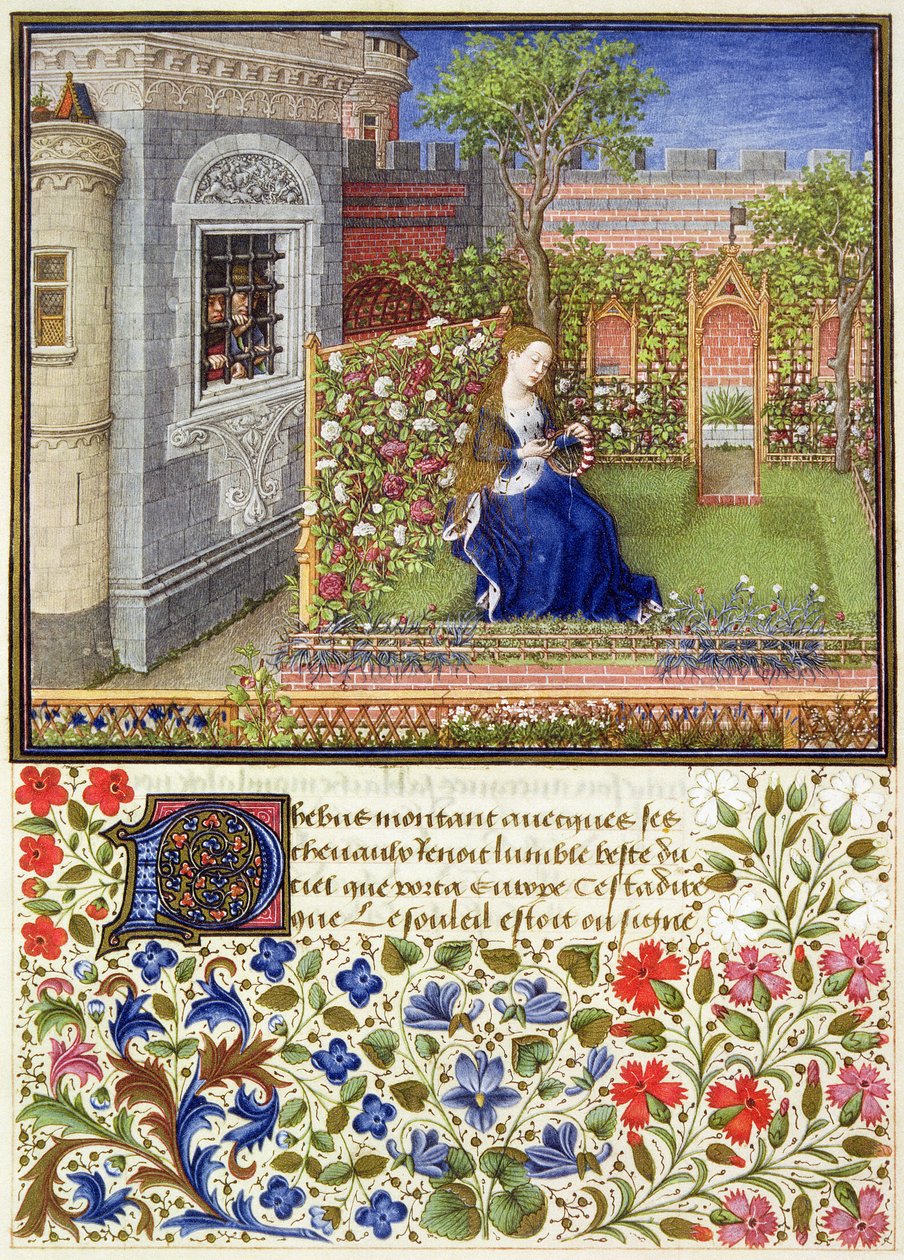 Ms 2617 Emilia i hennes trädgård, skylt 22, från La Teseida, av Giovanni Boccaccio (1313-75), 1340-41 av French School