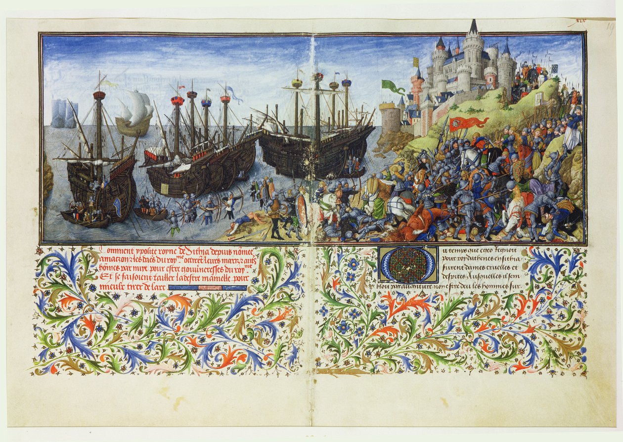 Ms 2617 Amazonas slott belägras av Theseus, hertig av Aten, från La Teseida, av Giovanni Boccaccio (1313-75) 1340-41 av French School