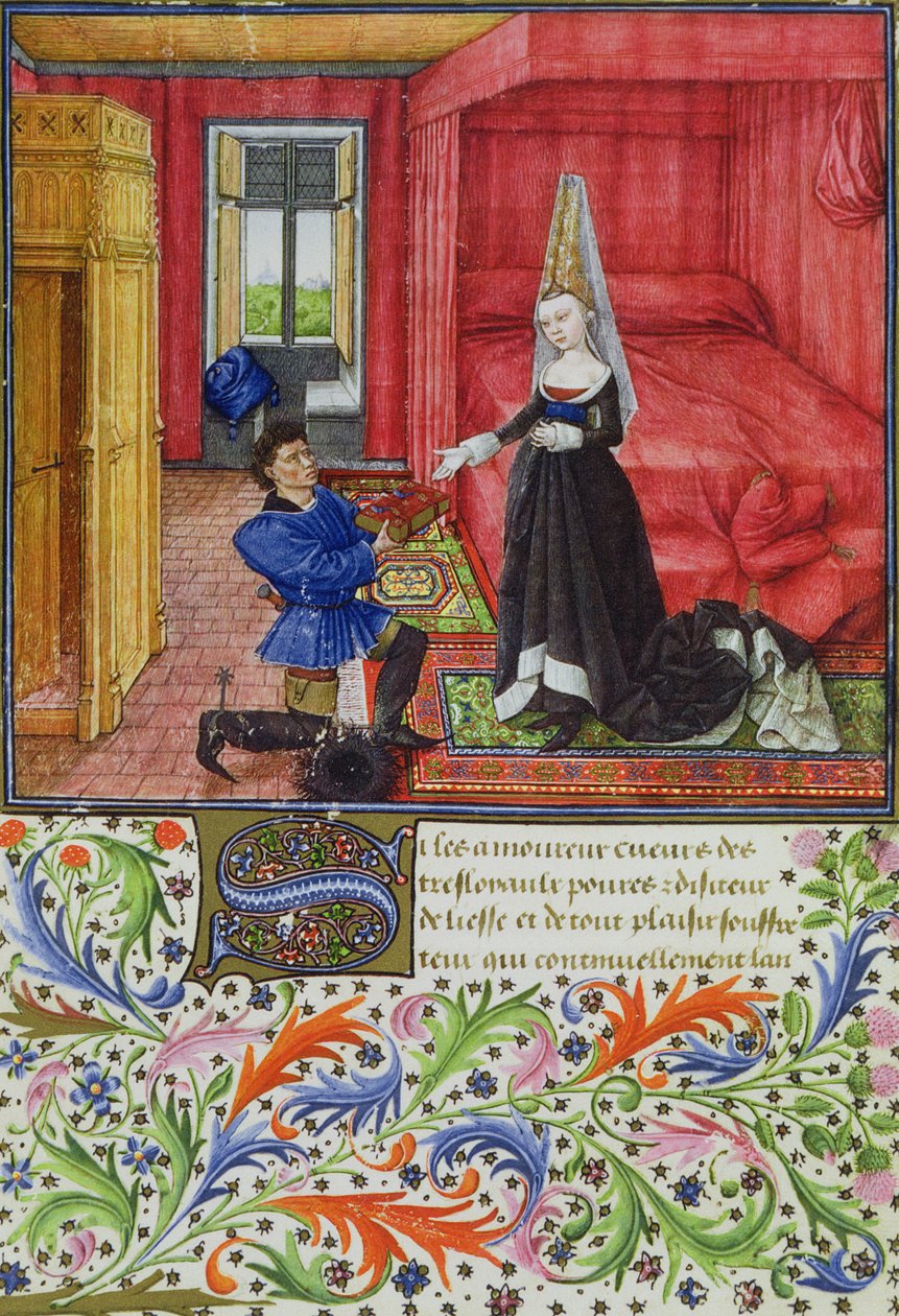 Ms 2617 Skrivaren som tillägnar La Teseida till en okänd ung kvinna, från La Teseida, av Giovanni Boccaccio (1313-75) 1340-41 av French School