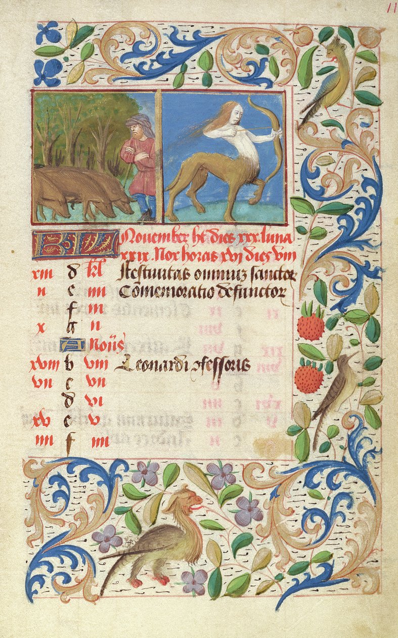Ms 2697 Kalender för november månad, från Heures de Notre Dame av French School