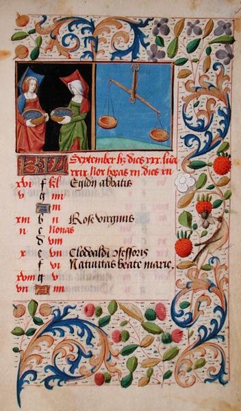 Ms 2697 Kalender för september månad, från "Heures de Notre Dame" (pergament) av French School