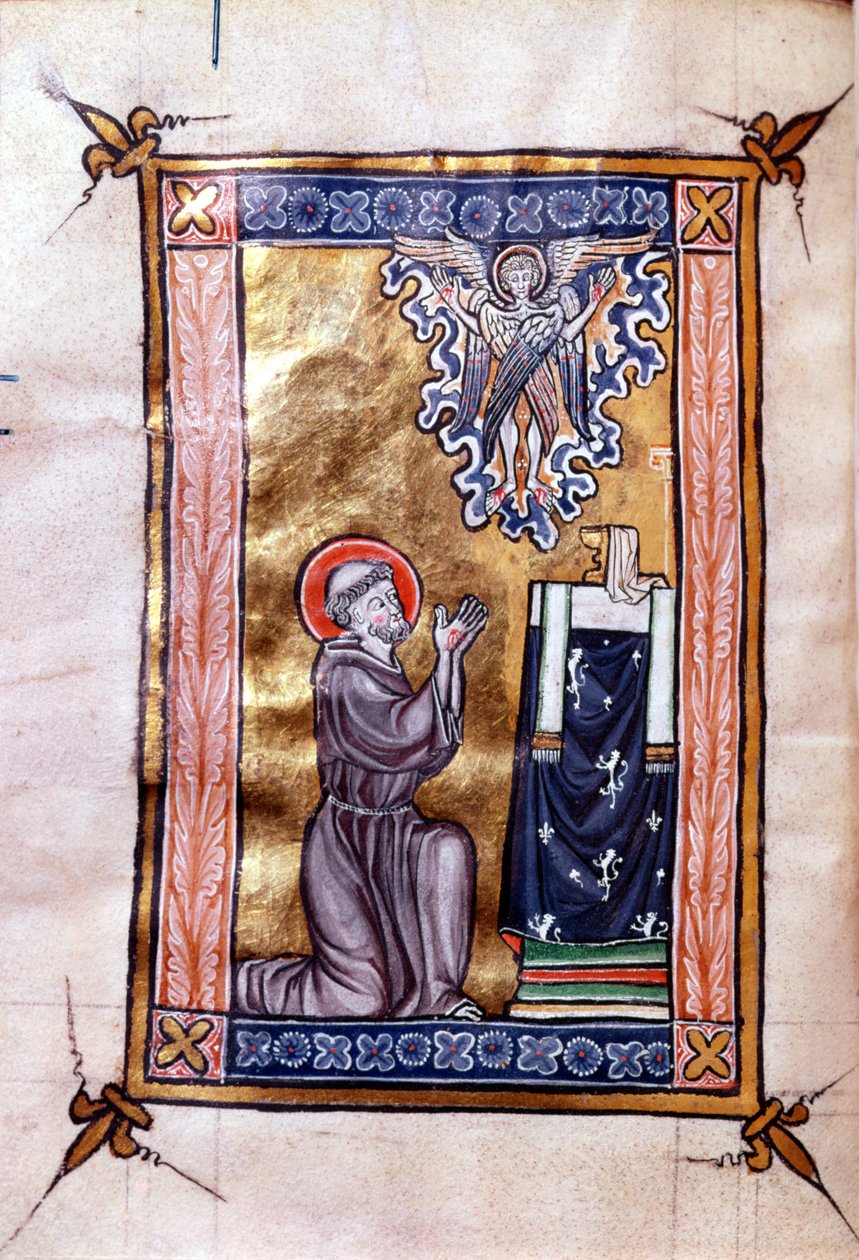 Ms 280 St. Franciskus av Assisi tar emot Stigmata från Kristus i form av en serafer, från en psaltar, ca 1270 av French School