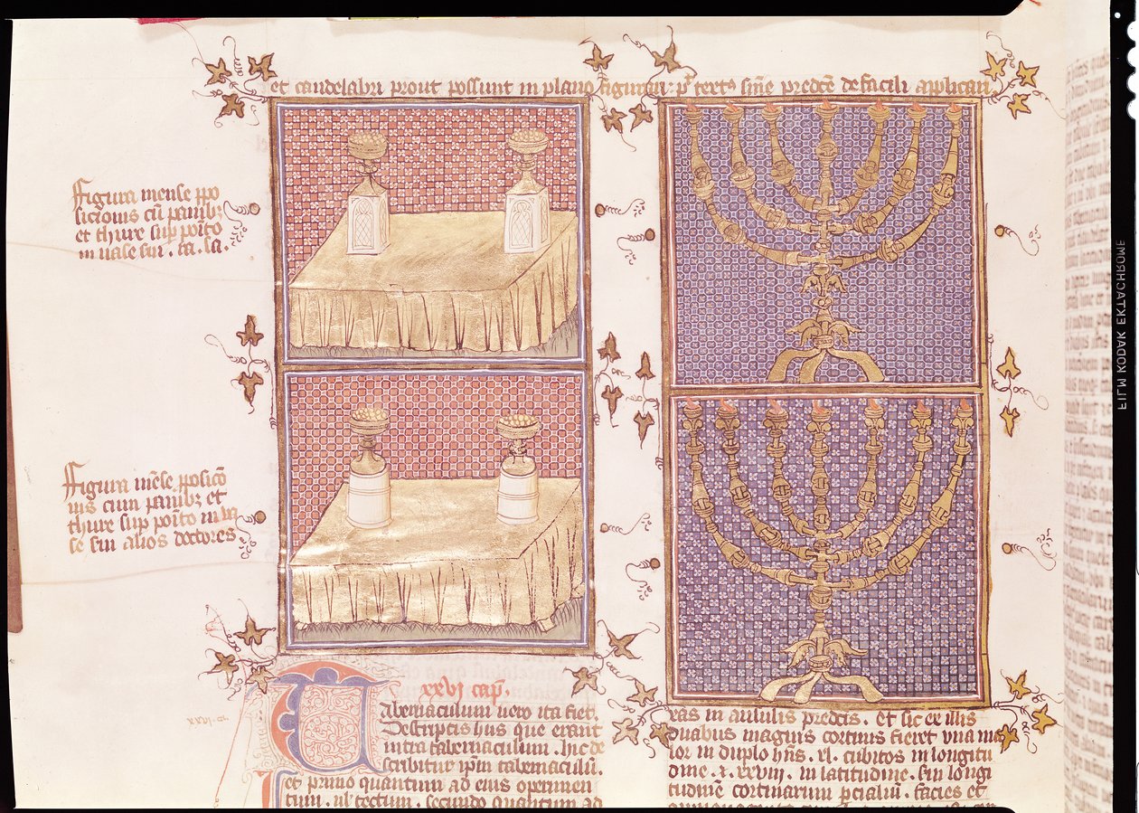 Ms 290 Tome 1 f.89v Tabell över offergåvor och menoran, från Postilles sur la Bible av Nicolas de Lyre av French School