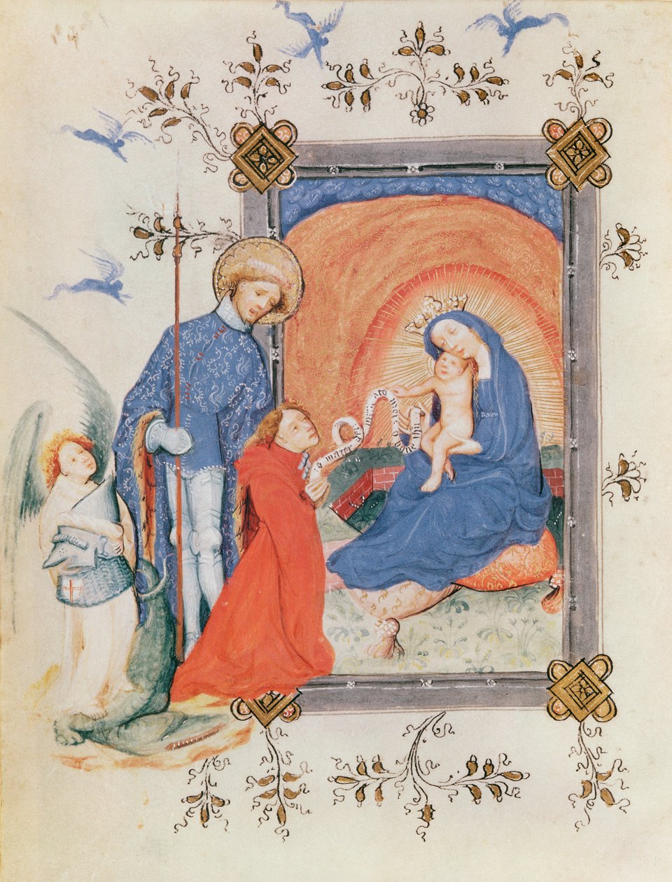 Ms 3024 fol.12v Jungfru och barn med en knästående man och St. George, från en timbok av French School