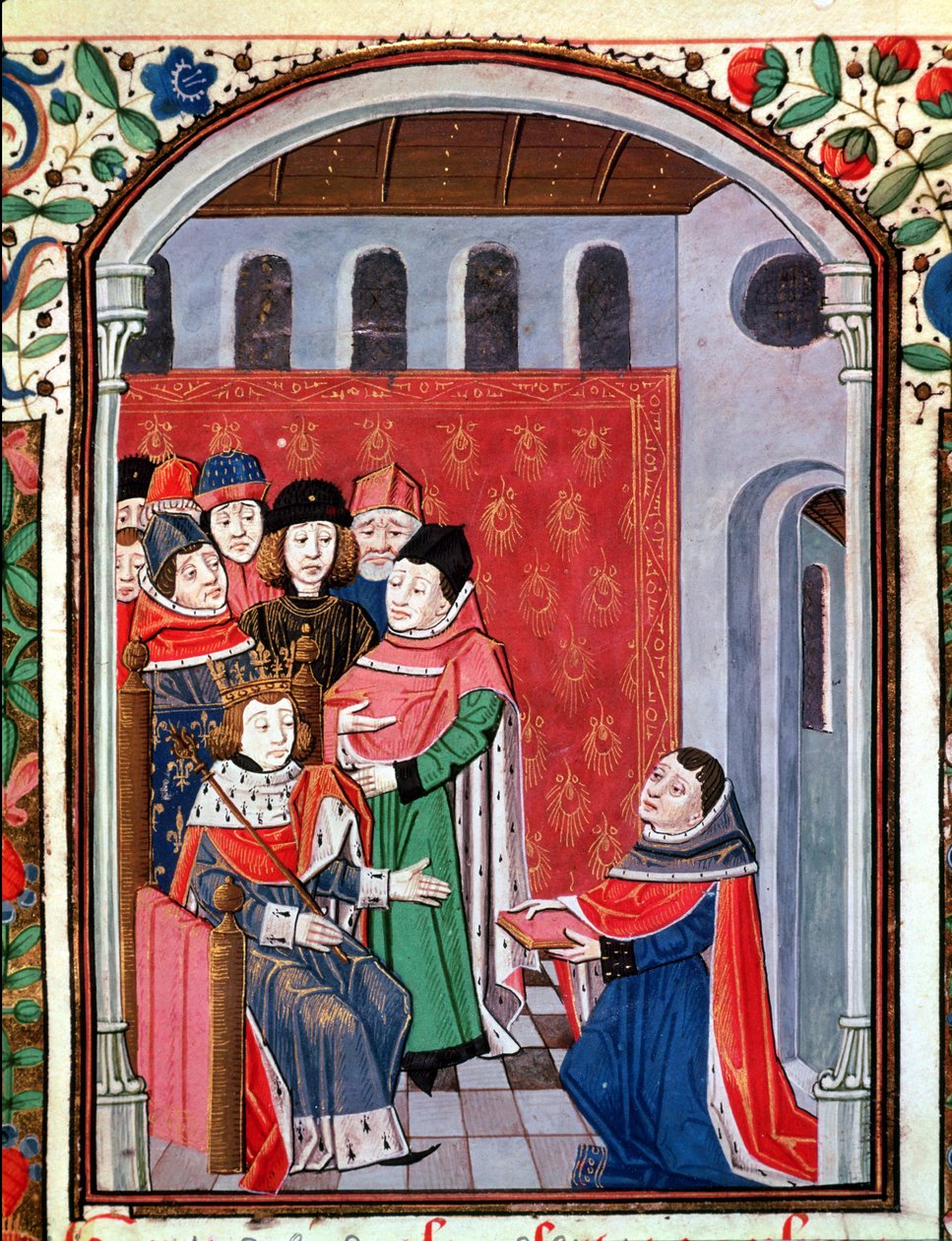 Ms 3045 fol.1 Jean de Meung (1240-1305) erbjuder sin översättning till Philippe le Bel (1268-1314) från The Consolation of Philosophy av Boethius av French School