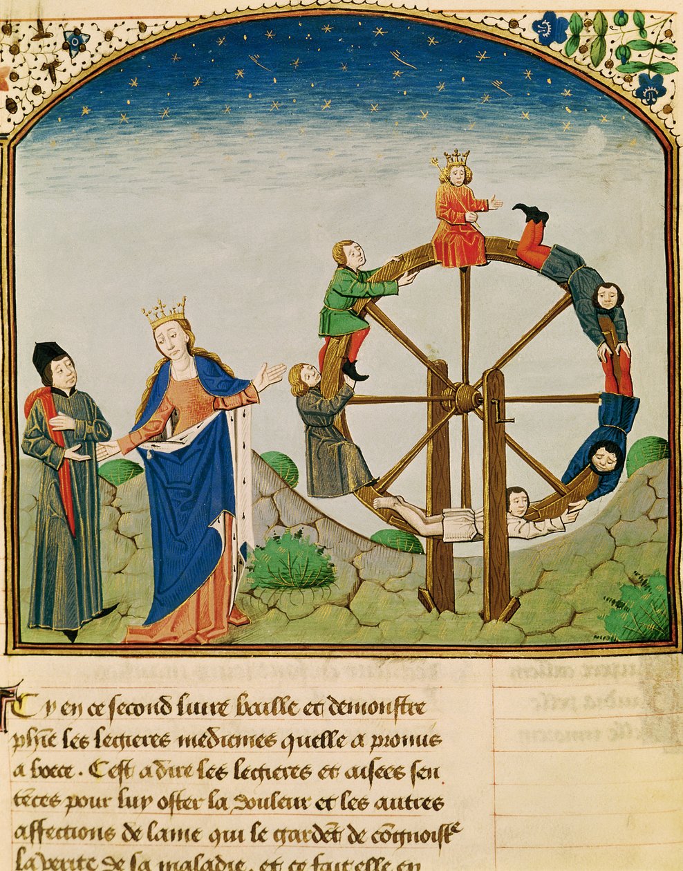 Ms 3045 fol.22v Boethius med lyckohjulet, från Filosofins tröst, översatt av Jean de Meung av French School