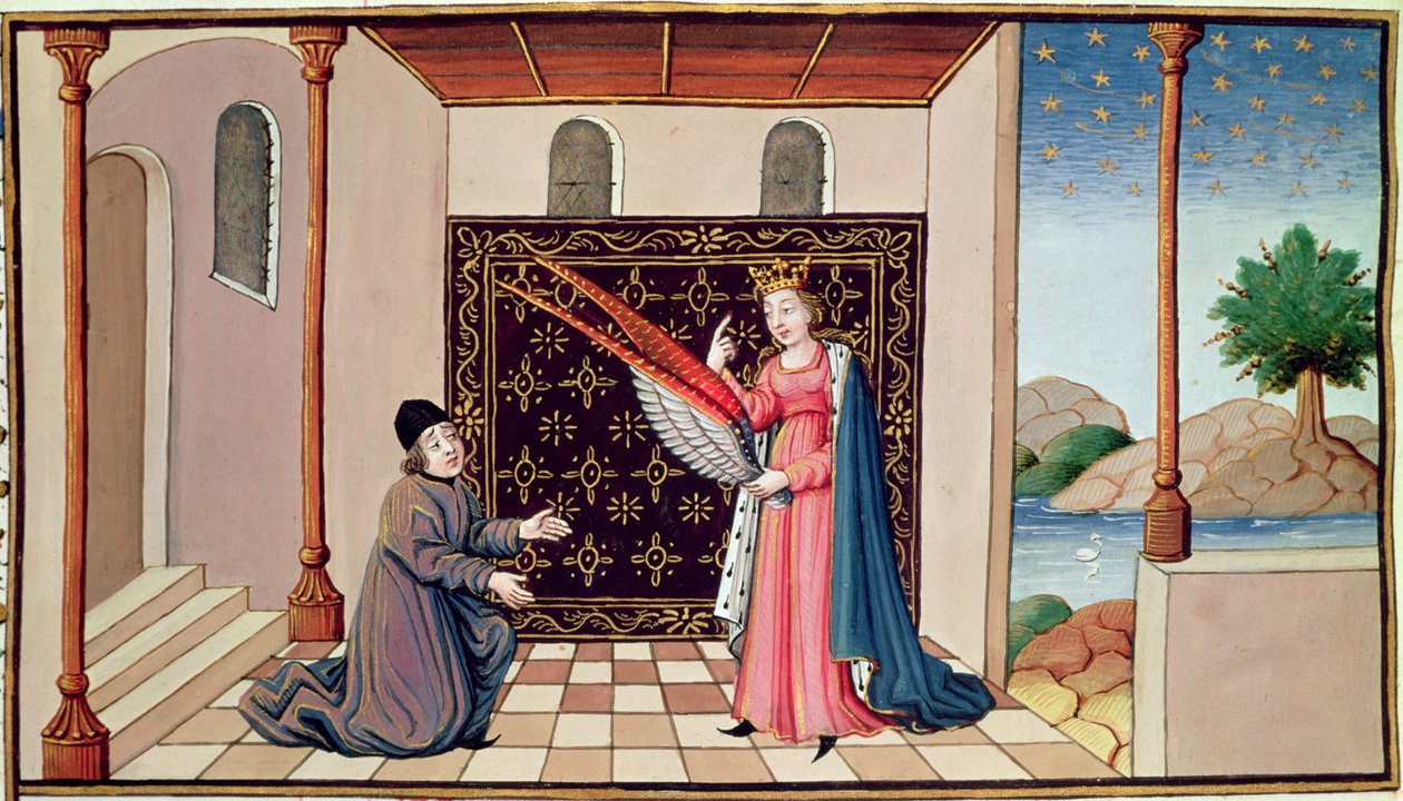 Ms 3045 fol.68v Lady Philosophy erbjuder Boethius vingarna som gör att hans sinne kan flyga i höjden av French School