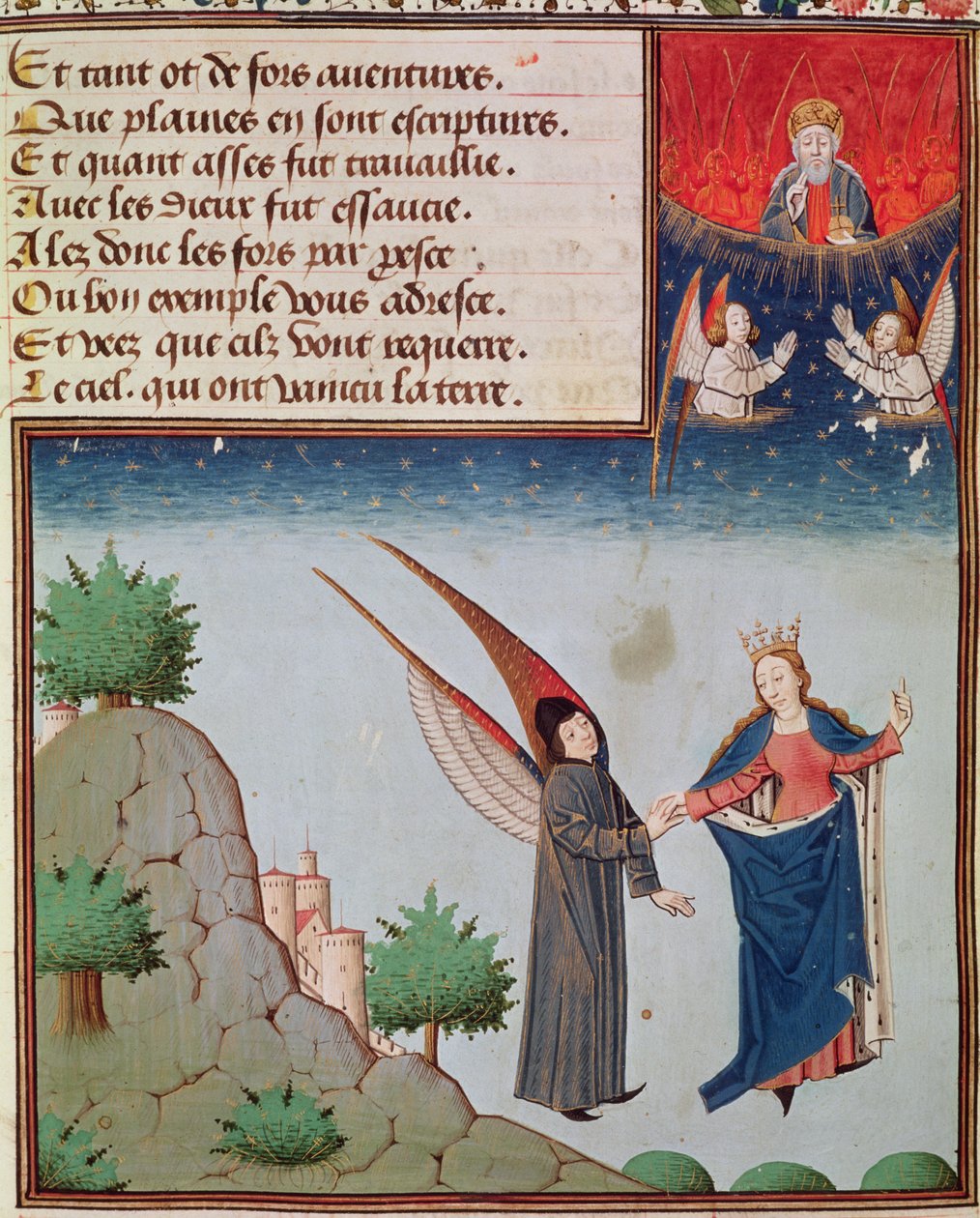 Ms 3045 fol.94r Lady Philosophy leder Boethius i flykt mot himlen på de vingar som hon har gett honom; Gud Fadern ser på i välsignelse av French School
