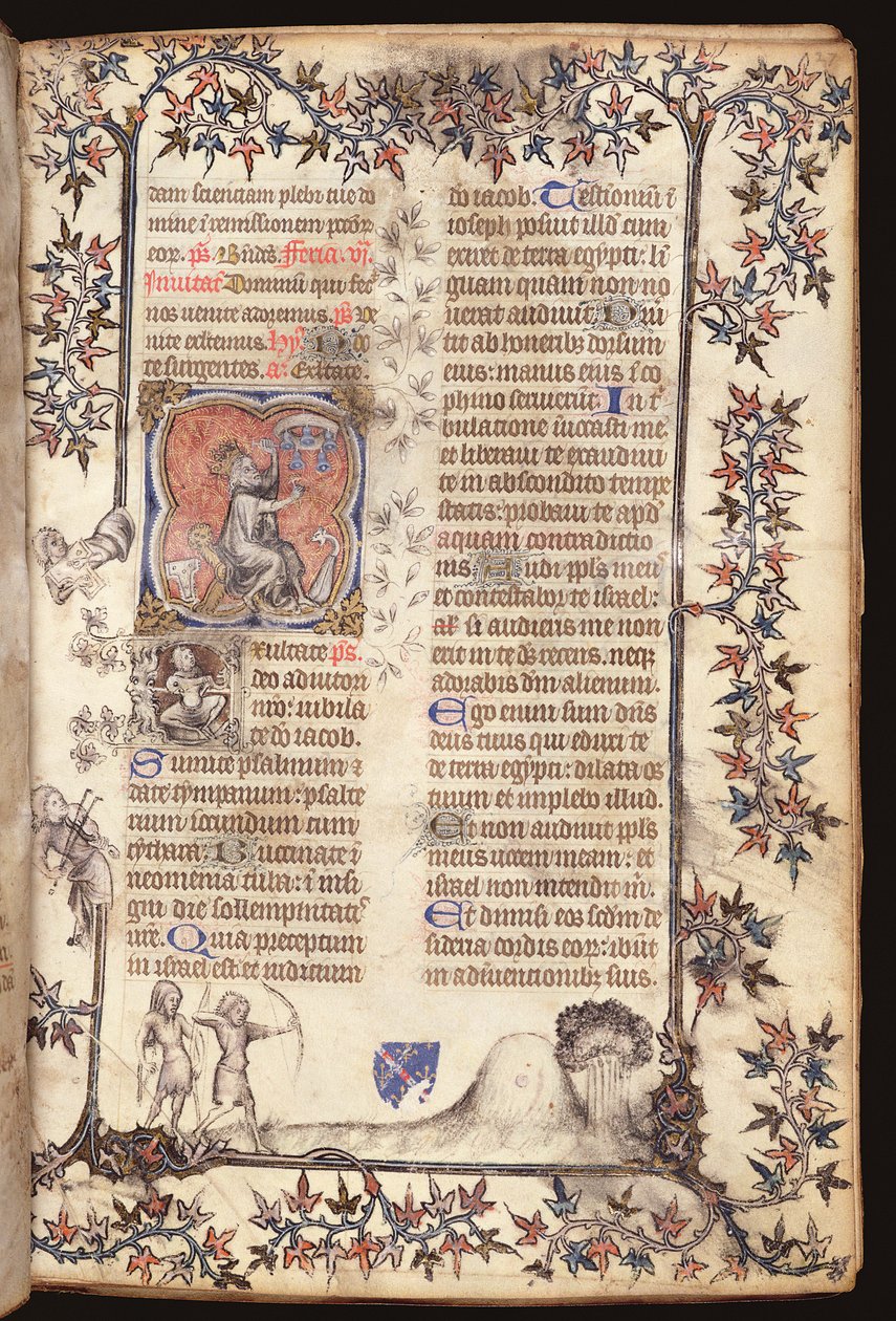 Ms 306 f.27r King David sittande slår en ton med fem klockor, från ett brev, Use of Paris, 1400 av French School