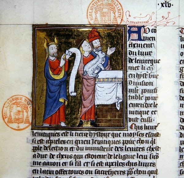 Ms 312 Moses erbjuder påsklammet, miniatyr från Bibeln Historiale of Guyart des Moulins (vellum) av French School