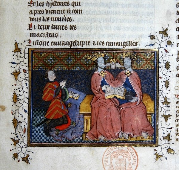 Ms 312 Treenigheten och den knästående donatorfiguren, miniatyr från Bible Historiale of Guyart des Moulins (vellum) av French School