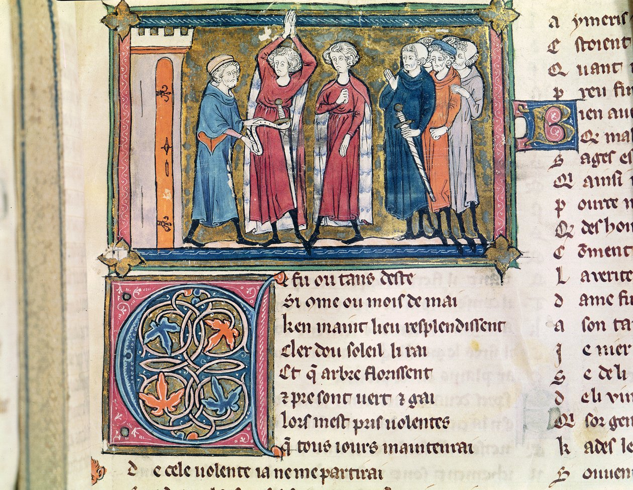 Ms 3142 fol.179 Beväpning av en riddare, från Recueil de Poesies Francaises, c.1280-90 av French School