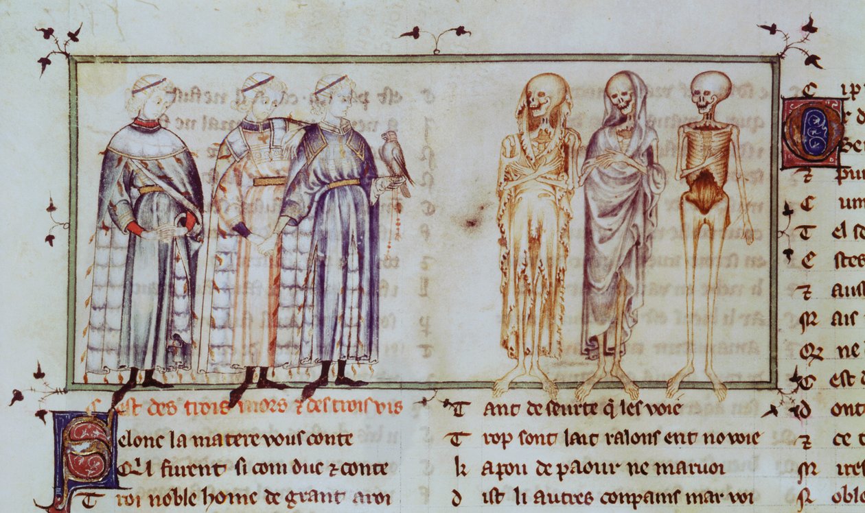 Ms 3142 fol.311r Berättelsen om de tre levande männen och de tre döda männen, från Recueil de Poesies Francaises, c.1280-90 av French School