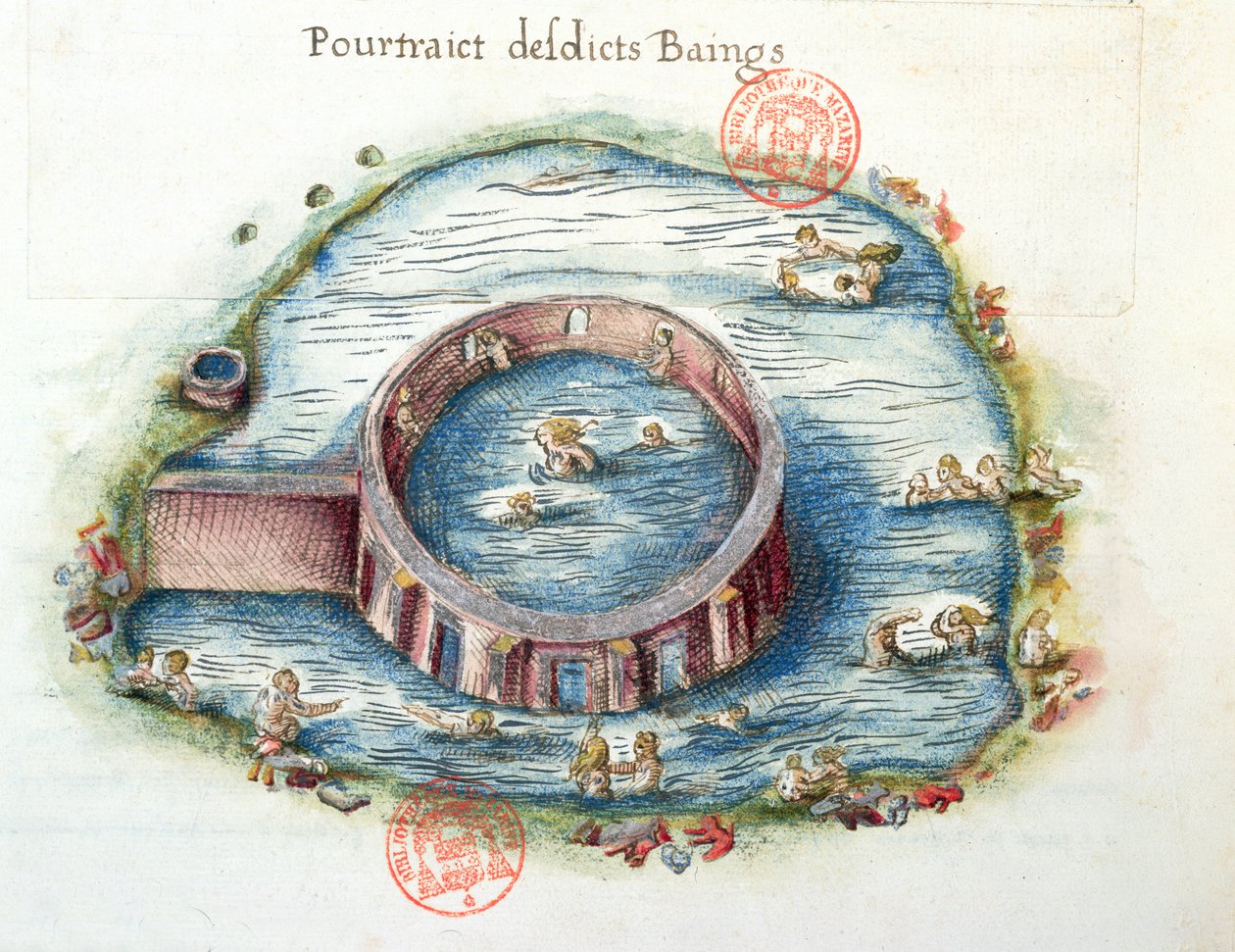 Ms 3242 The Baths of Bourbon-Lancy, illustration från Generale Description du Bourbonnais av Nicolas de Nicolay, 1569 (wc på papper) av French School