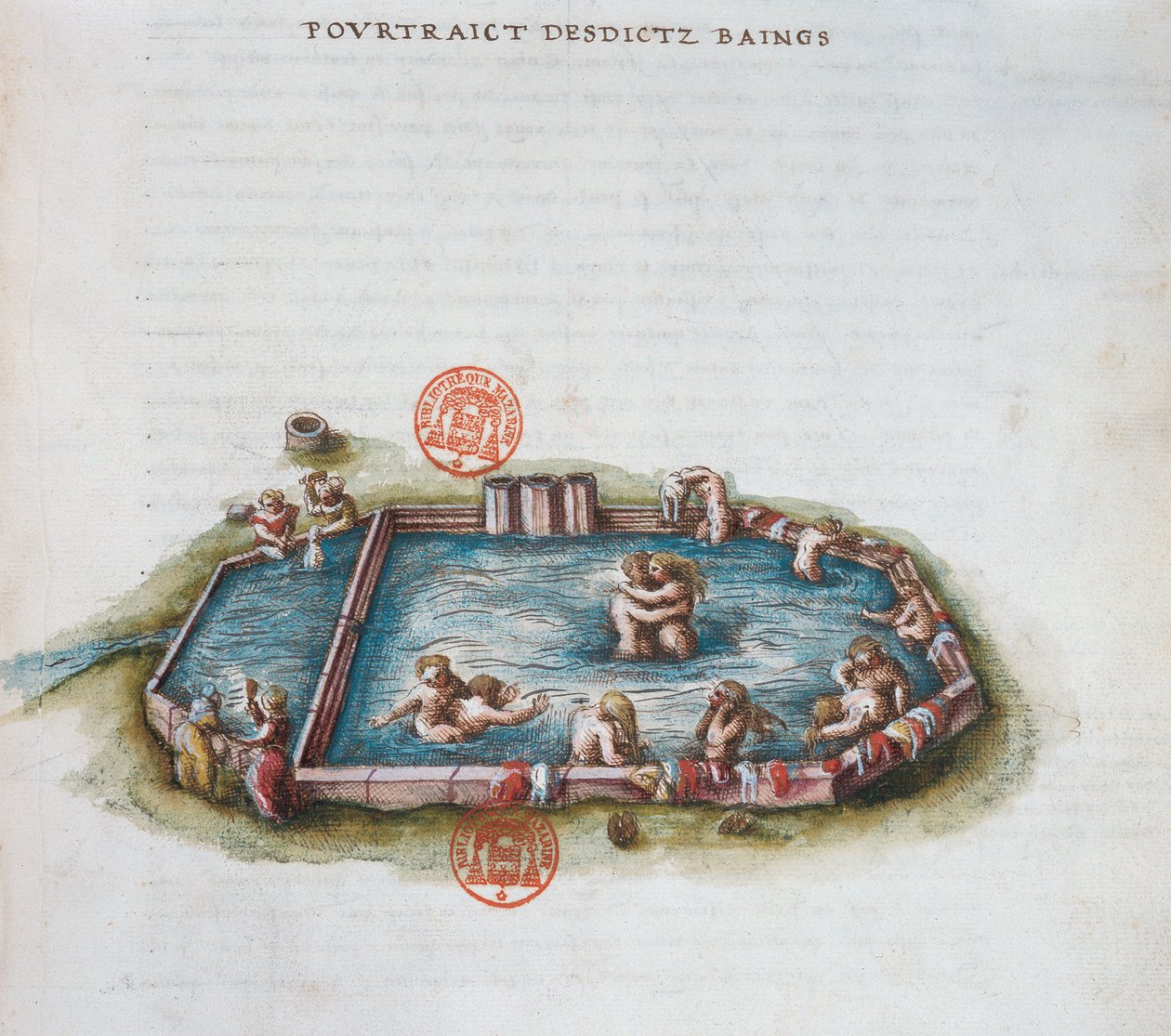 Ms 3243 The Baths of Bourbon lArchambaut, Auvergne, illustration från Generale Description du Bourbonnais av Nicolas de Nicolay, 1569 (wc på papper) av French School