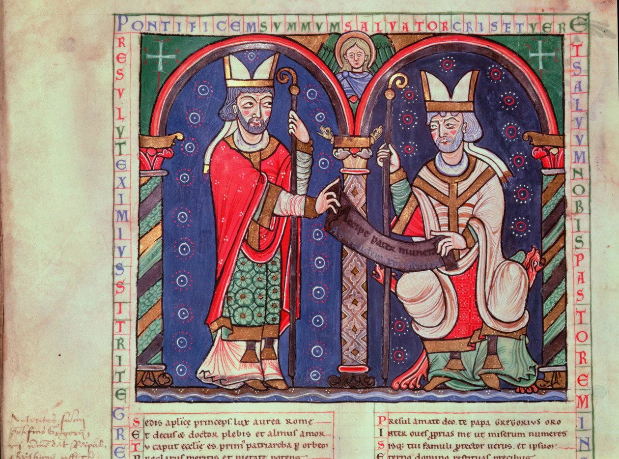 Ms 3401 fol.39v Rabanus Maurus (c.780-856) erbjuder sin bok till påven Gregory I (540-604) från Anchin Abbey av French School