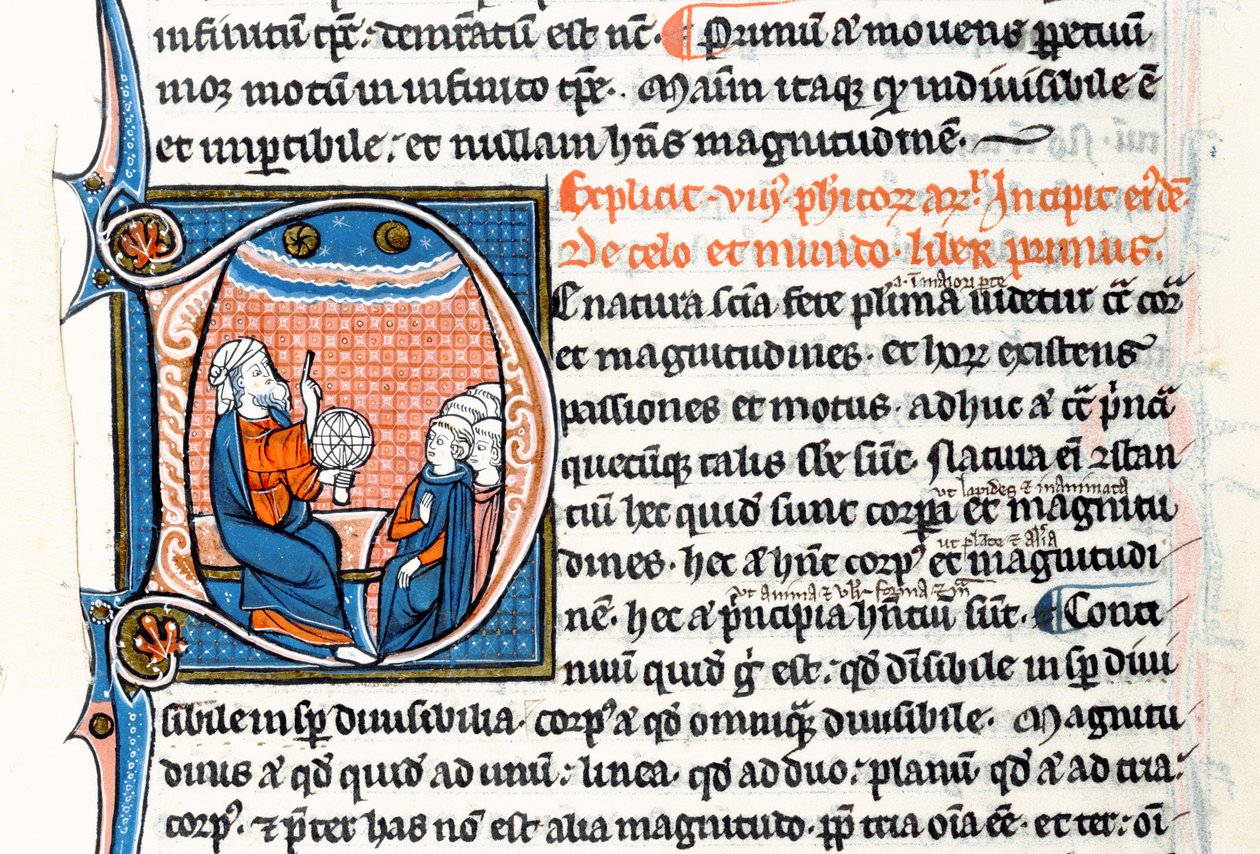 Ms 3458 fol 62vo Historikerad initial D som visar Aristoteles som håller en armillarsfär och pekar mot himlen när han undervisar en grupp präster från Västeuropa (penna och bläck och tempera på vell av French School