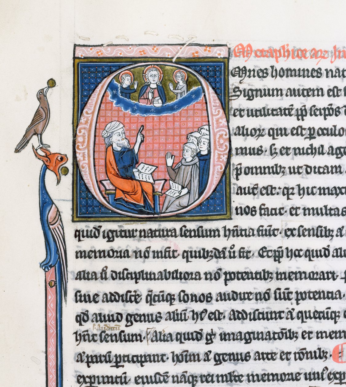 Ms 3458, historisk initial O som föreställer den antika grekiske filosofen Aristoteles, som undervisar en grupp präster från Västeuropa och pekar uppåt mot Gud i himlen (penna & bläck och tempera av French School