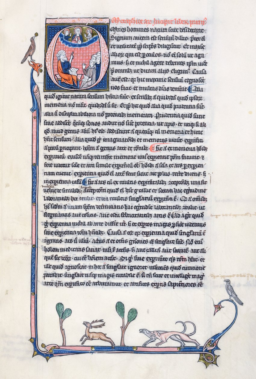 Ms 3458, historisk initial O som föreställer den antika grekiske filosofen Aristoteles, som undervisar en grupp präster från Västeuropa och pekar uppåt mot Gud i himlen (penna & bläck och tempera av French School