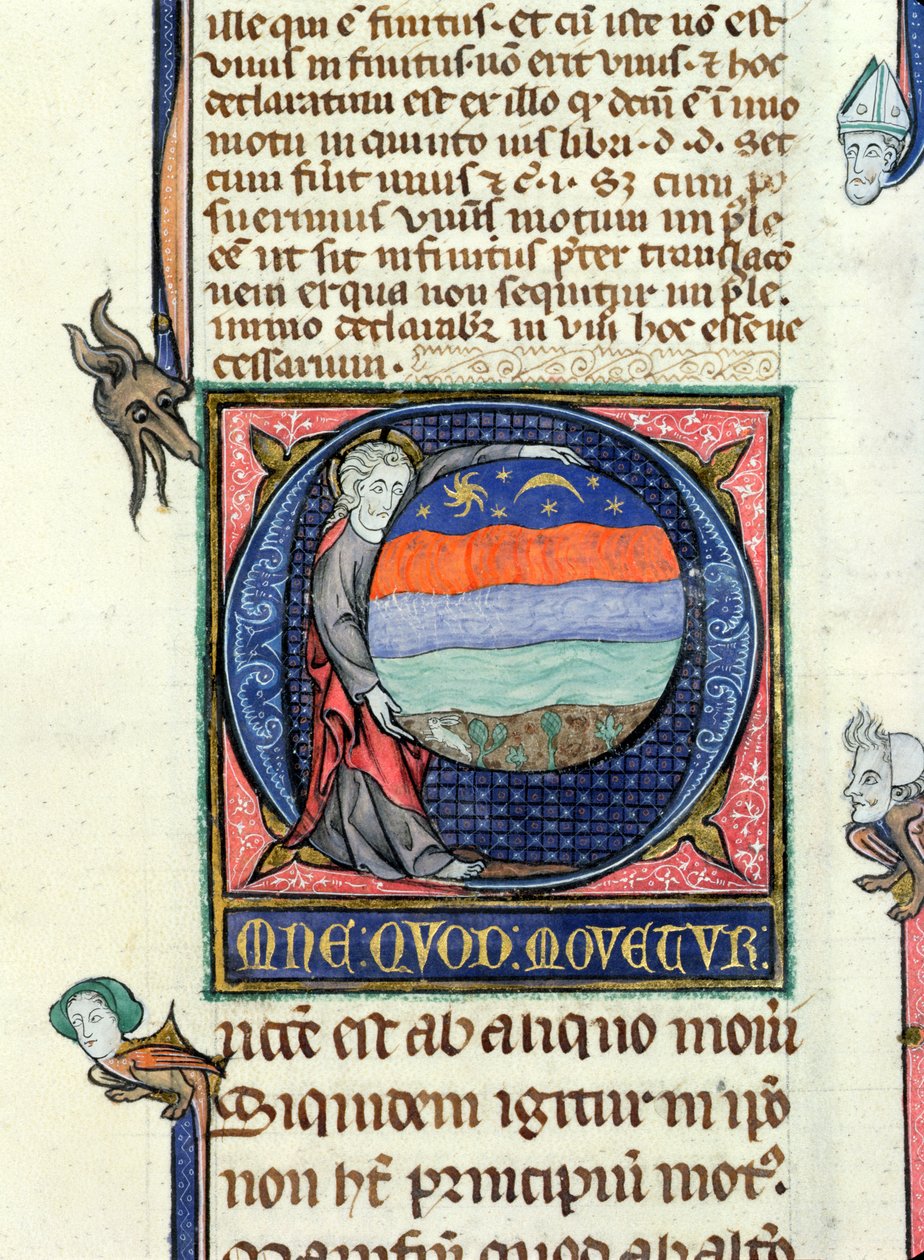 Ms 3469 Kristus håller en jordglob med de fyra elementen, från Physics av Aristoteles (384-322 f.Kr.) (penna, bläck och tempera på veläng) av French School