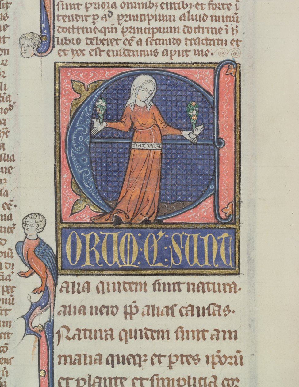 Ms 3469 Historikerad initial E med en representation av naturen, från fysiken av Aristoteles (384-322 f.Kr.) (penna, bläck & tempera på veläng) av French School