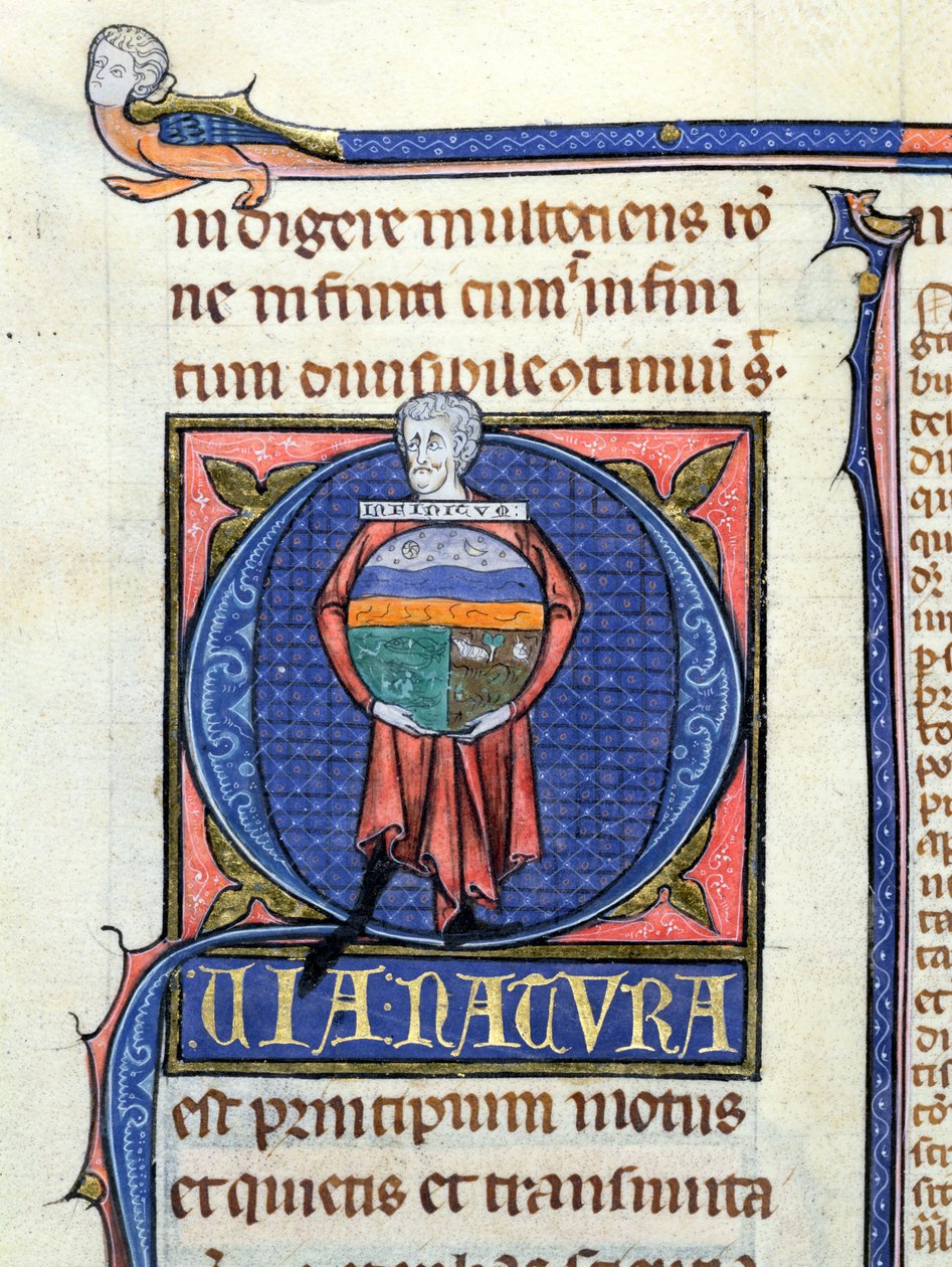 Ms 3469 Filosof håller en jordglob med de fyra elementen, från Physics av Aristoteles (384-322 f.Kr.) (penna, bläck och tempera på veläng) av French School