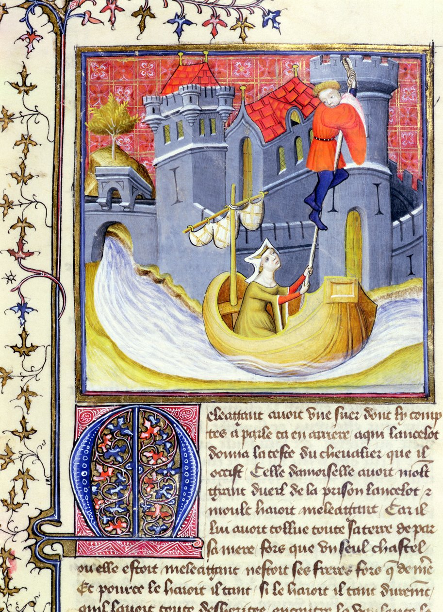 Ms 3480 Knight flyr från ett slott med hjälp av en dam, från Livre de Messire Lancelot du Lac av French School
