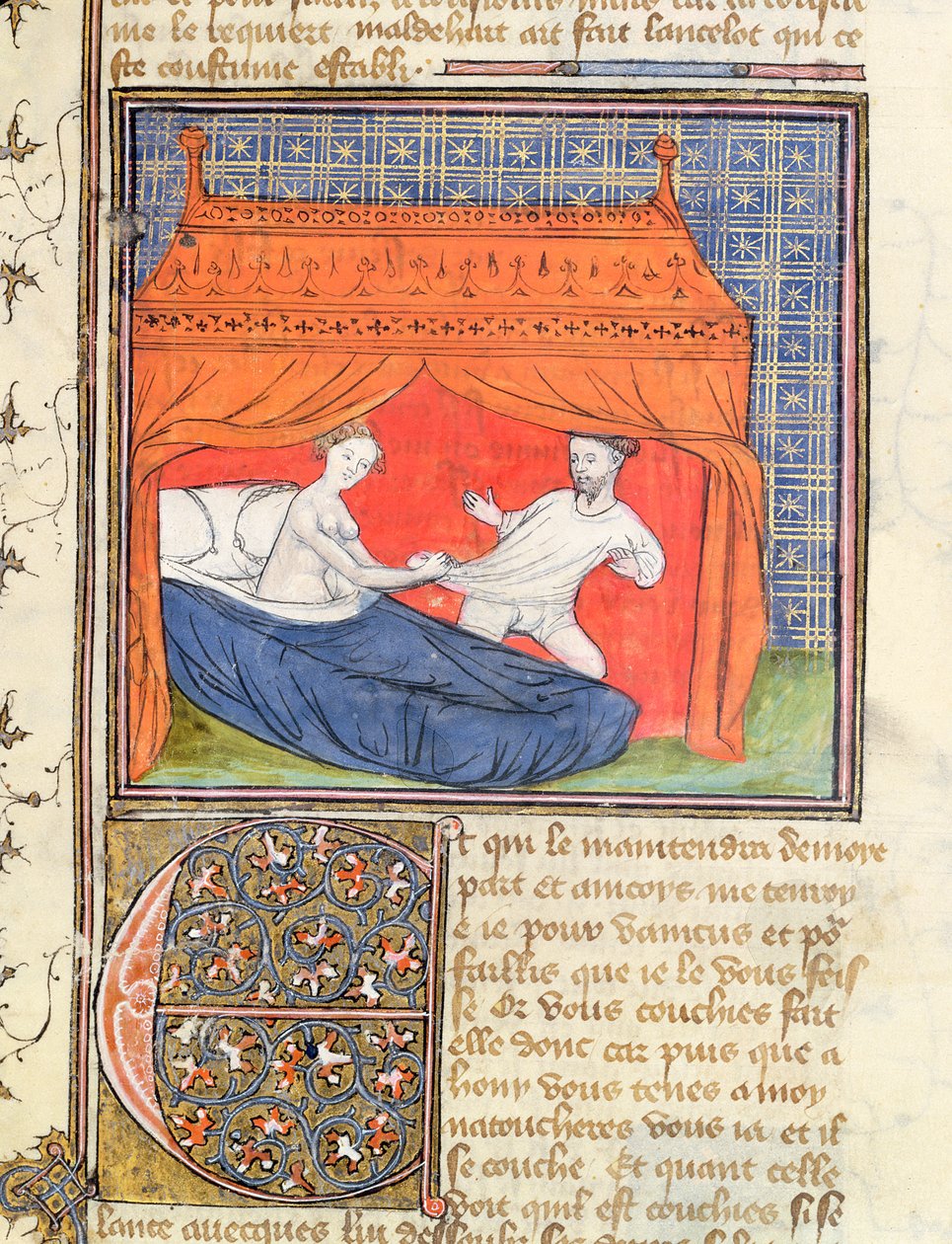 Ms 3480 Lancelot försöker fly från en kvinna i en säng, från Livre de Messire Lancelot du Lac av French School
