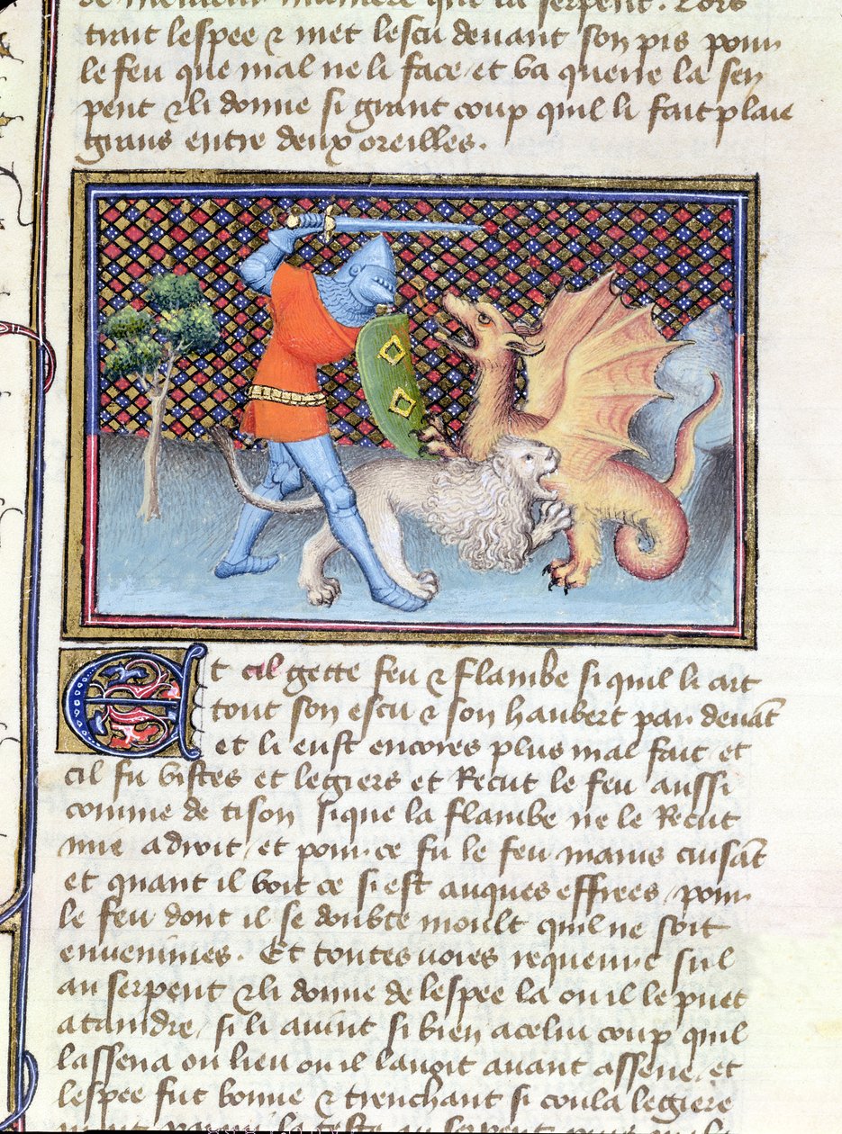 Ms 3480 Yvain, riddaren med lejonet, slåss mot en drake, miniatyr från Roman de Lancelot av French School