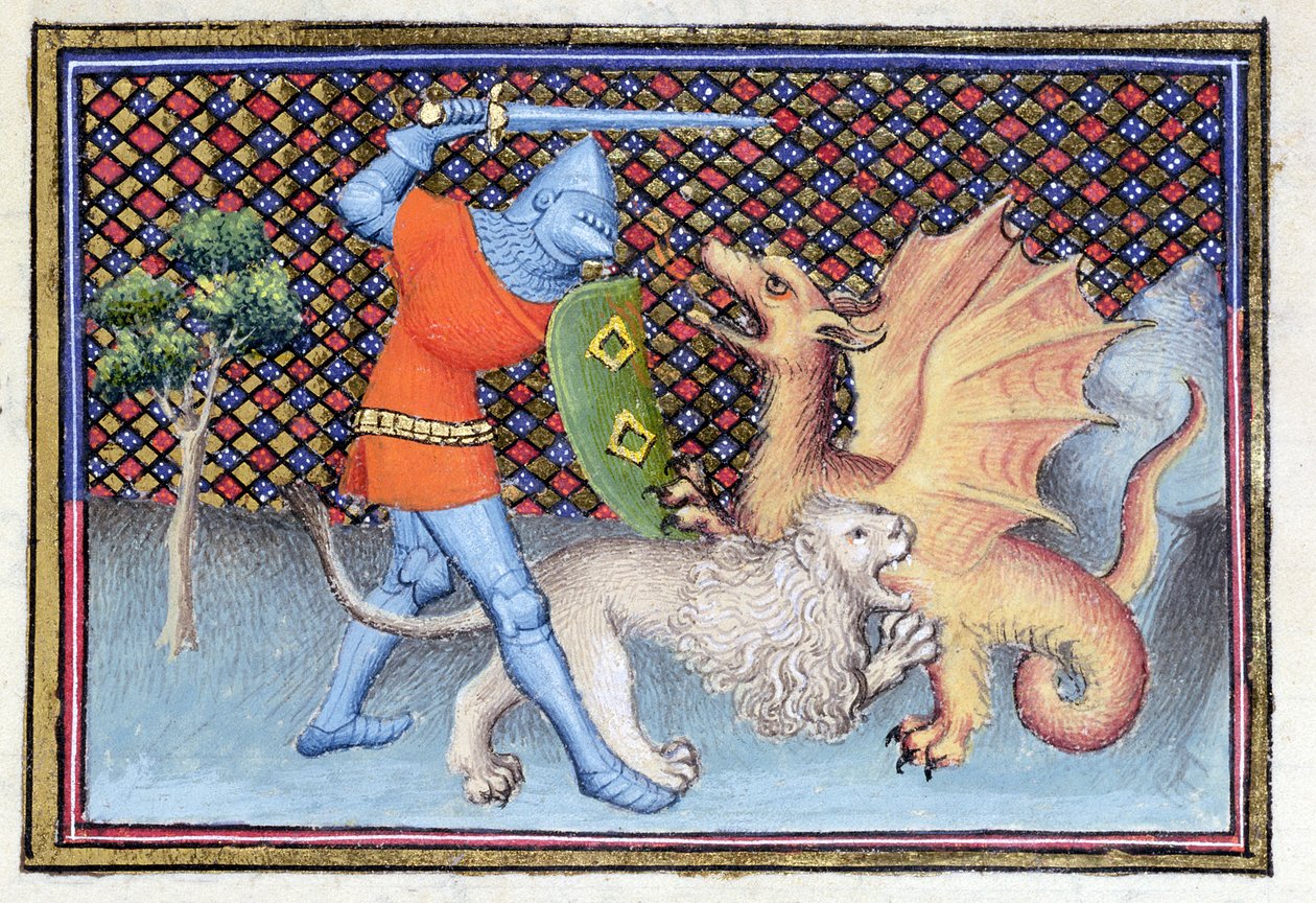 Ms 3480 Yvain, riddaren med lejonet, slåss mot en drake, miniatyr från Roman de Lancelot, detalj av French School