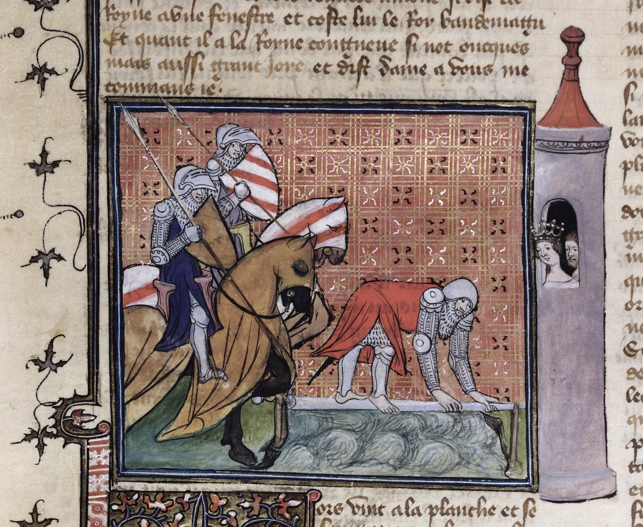 Ms 3480 fol.77 Lancelot Crossing the Sword Bridge, från Sir Lancelot du Lacs bok av French School