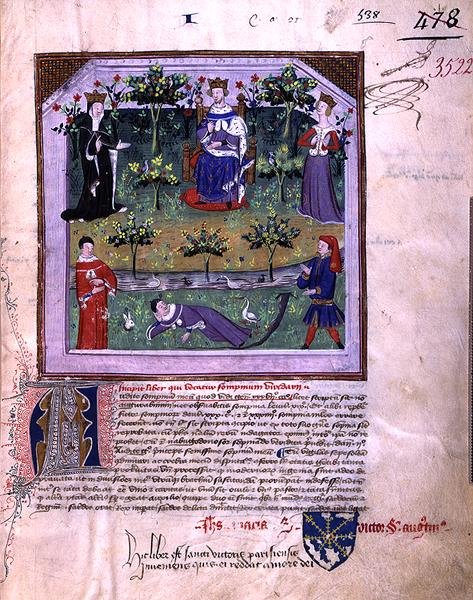 Ms 3522 fol.1 Författaren som låtsas sova är vittne till ett argument mellan en riddare och en biskop, från 