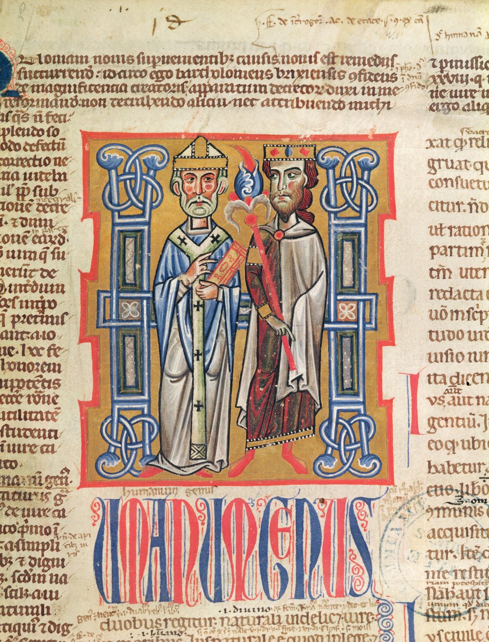 Ms 354 fol.9 Miniatyr av en biskop och kung från Decretum Gratiani, 1300-talet av French School