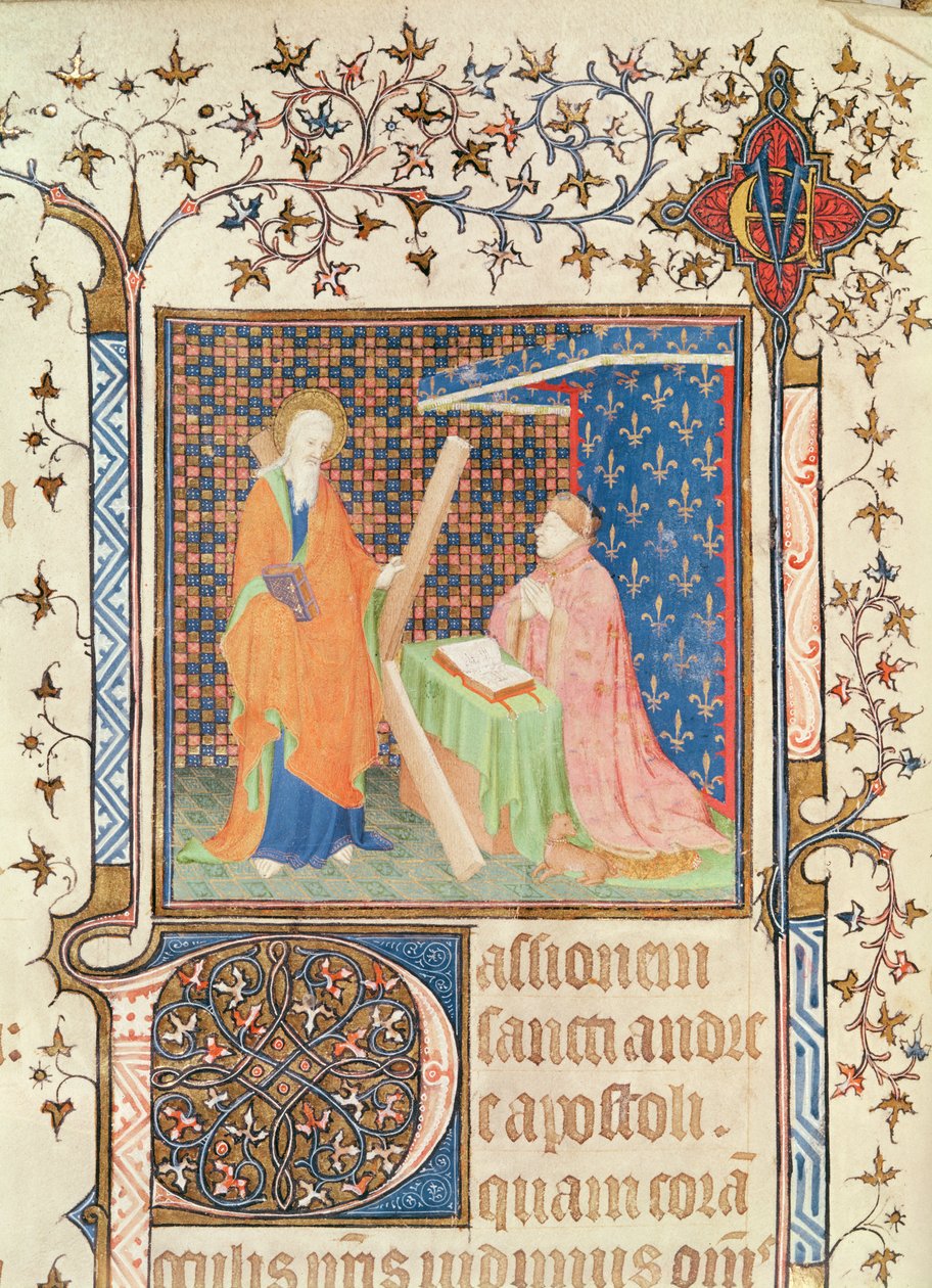 Ms 35 fol.17v Jean de France (1340-1416) Duc de Berry ber inför St. Andrew, från Lectionary of Sainte-Chapelle de Bourges, c.1404-10 av French School