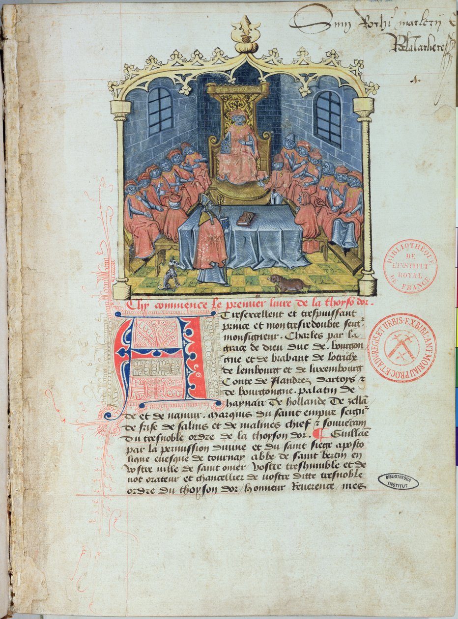 Ms 363 Karl den djärve (1433-77) hertig av Bourgogne och riddarna av orden av det gyllene skinnet, från The History of the Golden Fleece av Guillaume Filastre, mitten av 1400-talet (se även 1 av French School