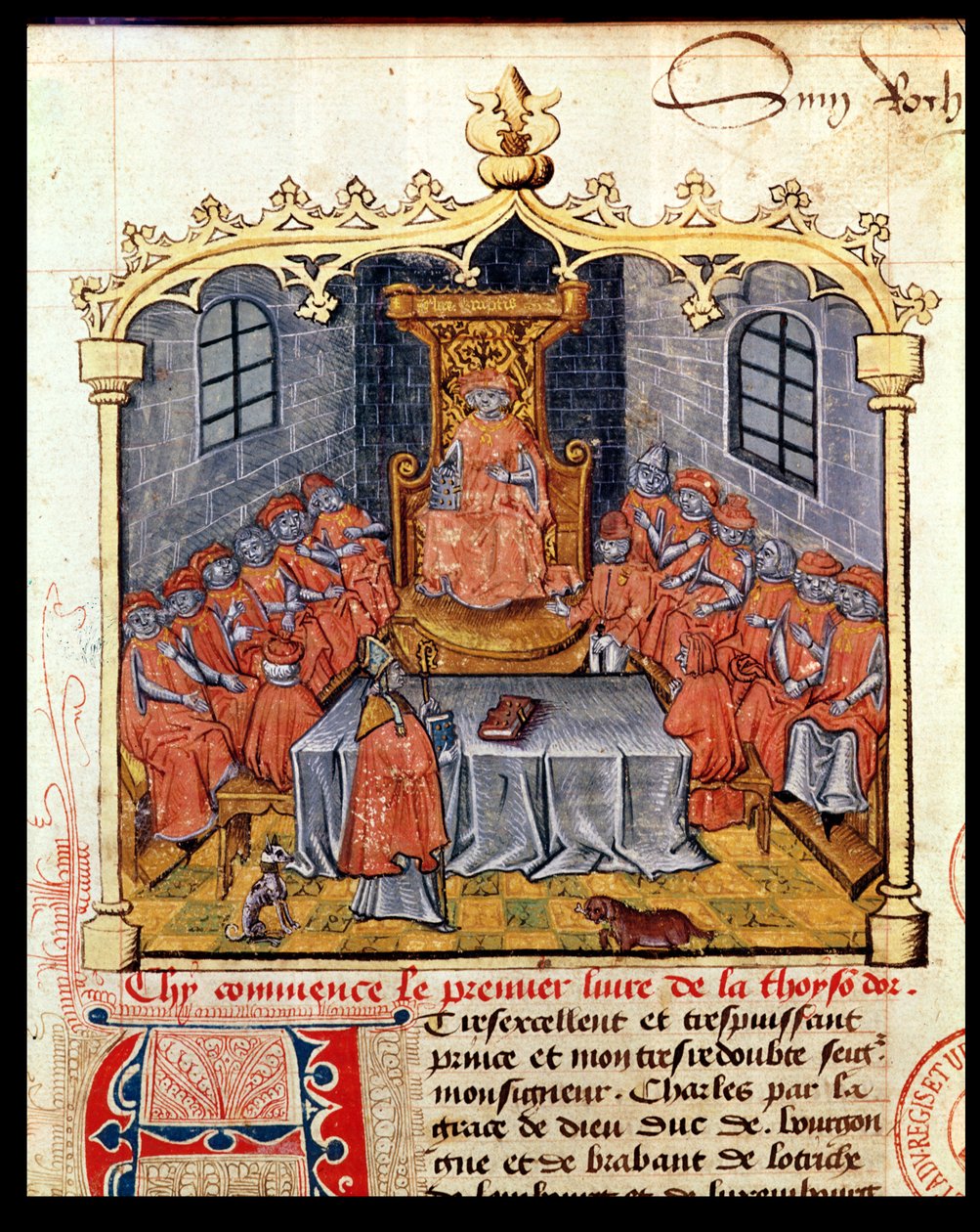 Ms 363 Karl den djärve (1433-77) hertig av Bourgogne och riddarna av orden av det gyllene skinnet, från The History of the Golden Fleece av Guillaume Filastre, mitten av 1400-talet (se även 1 av French School