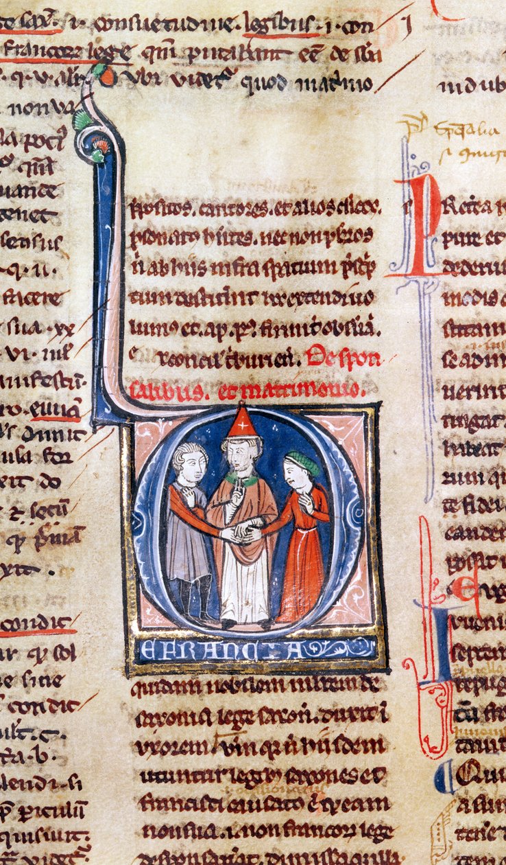 Ms 365 fol.318v Historikerad initial D som visar ett äktenskap, från Gregorius IX:s dekreter av French School