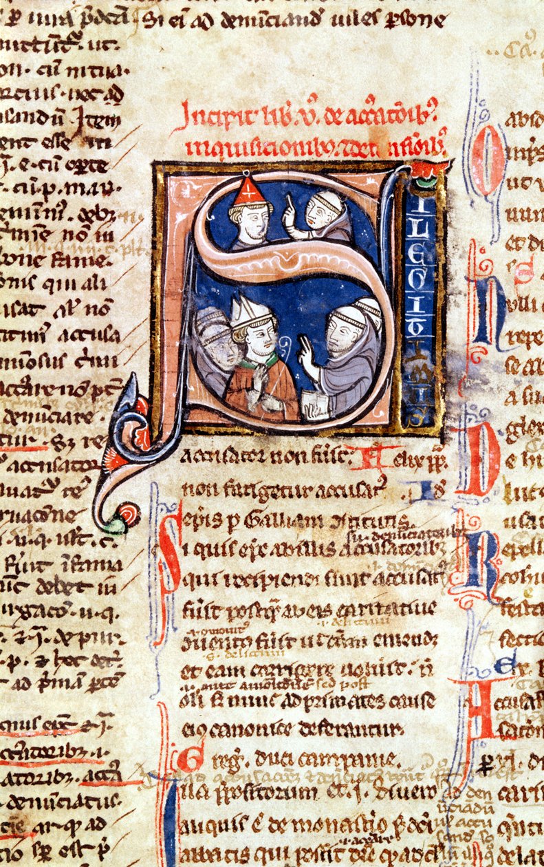 Ms 365 fol.350 Historikert initial S föreställande påven Gregorius IX (1220-50) med biskopar och abbotar, från Gregorius IX:s dekreter av French School