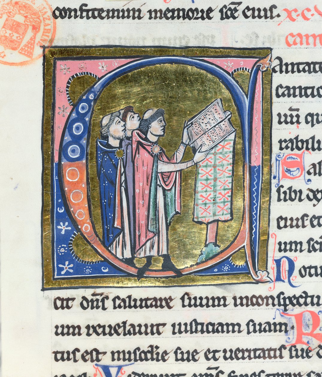 Ms 36 Historikert initial C som föreställer en munk som läser ett missal, från en latinsk bibel av French School