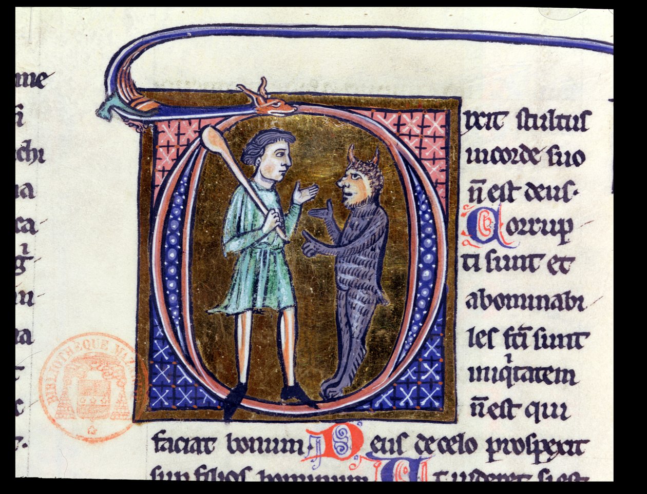 Ms 36 Historikerad initial D som föreställer en man med djävulen, från en latinsk bibel av French School